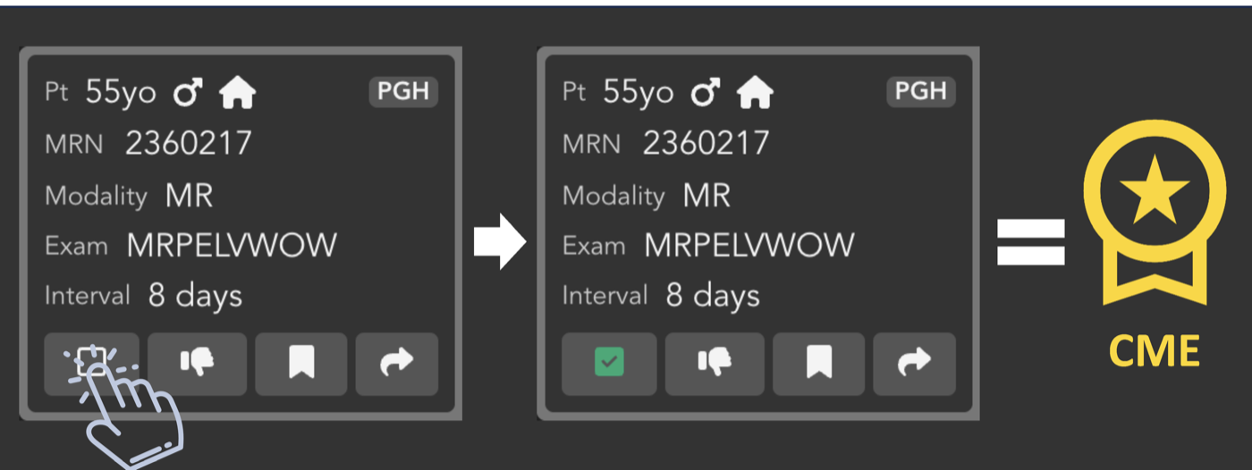 Two PATHFINDER case cards: reviewing a match marks it done and earns a CME credit